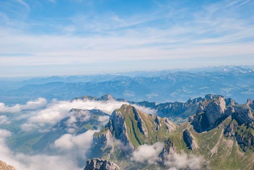 A view of Santis Schwagalp Mountain under the sunny blue sky in warm weather in Switzerland
