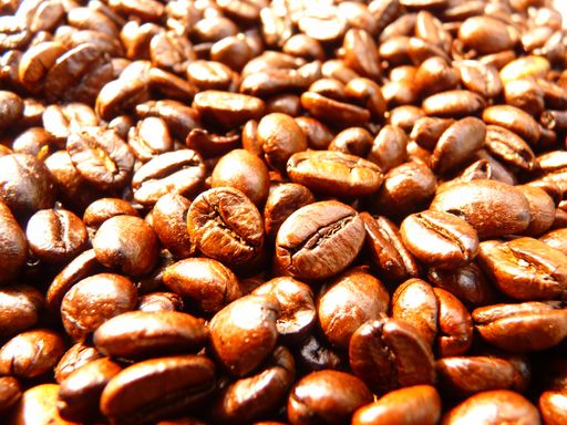 A horizontal shot of coffee beans after roasting process