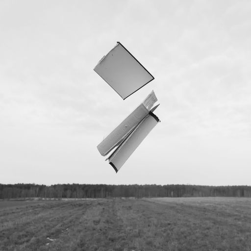 A grayscale shot of torn out papers of a book flying over a meadow against the sky