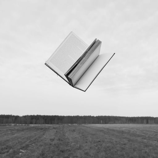 A grayscale shot of an open book flying over a meadow against the sky