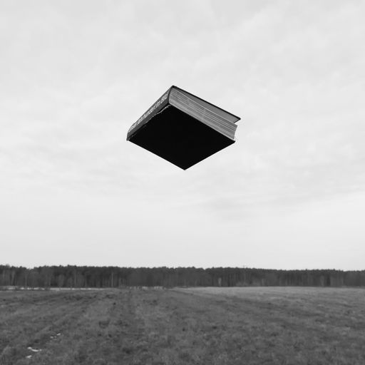 A grayscale shot of a book flying over a meadow against the sky
