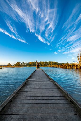A wooden dock facing the front shore in Ladner, British Columbia