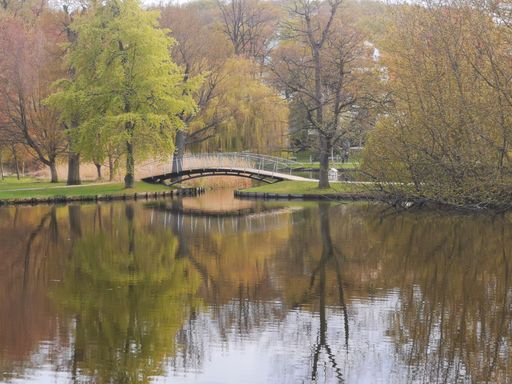 A beautiful view of an arch bridge over the lake in the park with visible reflections of the trees on the water surface during daytime