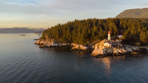 An aerial view of the Lighthouse Park near the water in Vancouver, Canada