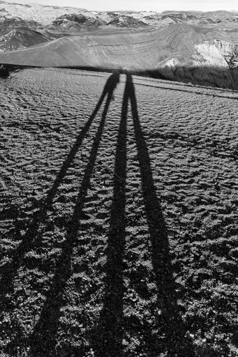 A vertical grayscale shot of long shadows on the ground at the Death Valley National Park, California, Nevada