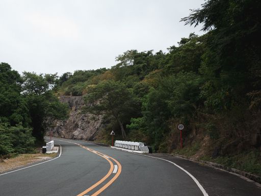 An asphalt road winding through lush green trees and rocky hills