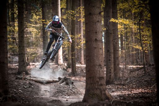A man riding a mountain bike in bike park Kosutk, Slovakia