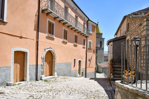 A narrow street in the medieval village of Sepino in the Molise region Italy in sunny weather