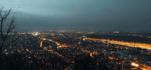 A panoramic view of night horizon of a large modern city at night