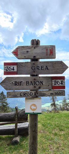A vertical shot of direction signs for hiking and trekking trails in the Dolomites, Italy