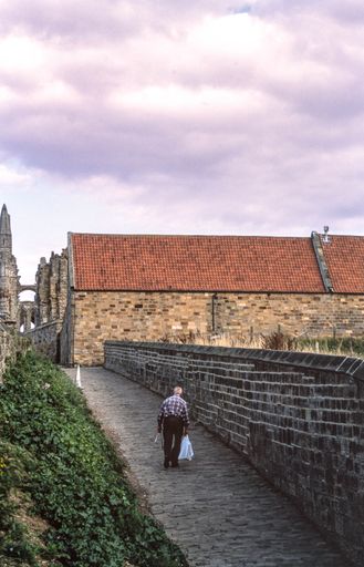 A vertical shot of an old male walking on the narrow paved road towards the stone buildings