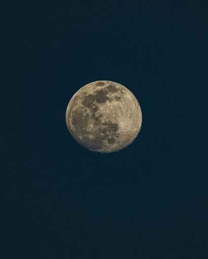 A vertical, beautiful shot of the full Moon in the dark blue sky