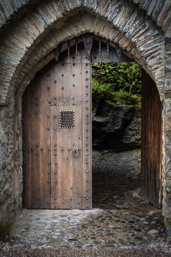 A vertical shot of the wooden gate at the entrance of a beautiful historical castle
