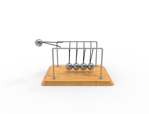 A 3D rendering of a Newton cradle isolated on white studio background