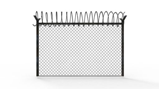 A 3D rendering of a fence with barbed wire isolated on a white studio background