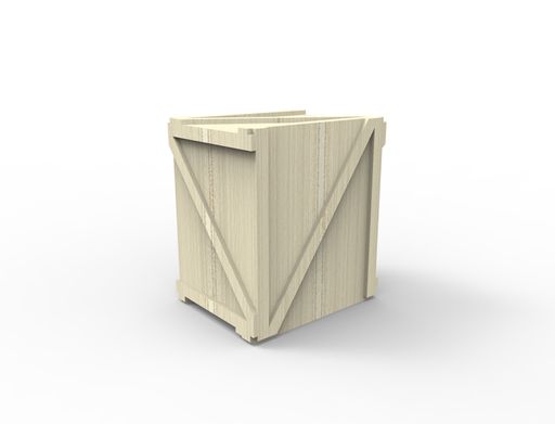 A 3D rendering of a wooden beige crate isolated on a white studio background