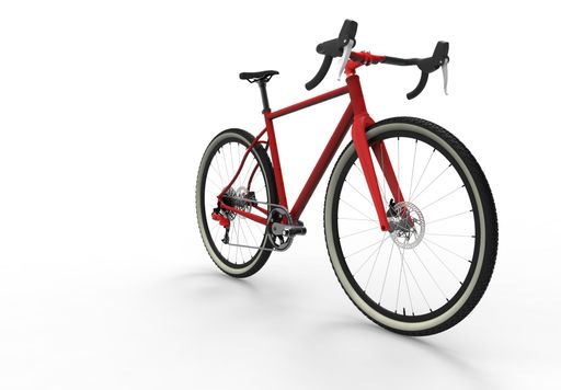 A 3D rendering of a modern high speed red sports race bicycle isolated on a white background