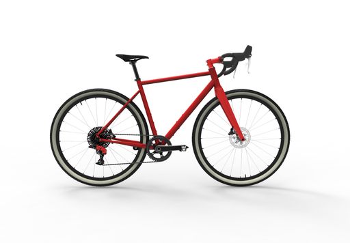 A 3D rendering of a modern high speed red sports race bicycle isolated on white background