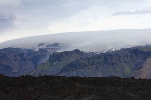 Dramatic and surreal landscape with lava and glaciers, Fimmvorduhals, Iceland