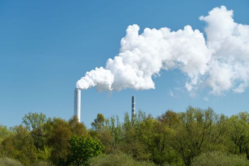 An active coal-fired power plant with a steaming cooling tower in front of a green forest, fossil energy production.