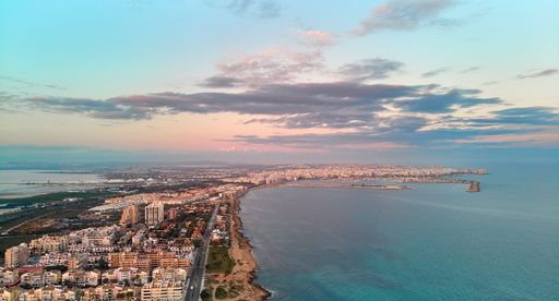 An aerial shot of the city and harbor of Torrevieja in Alicante, Spain