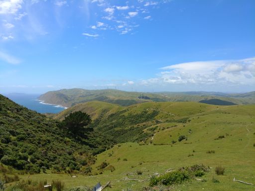 An aerial shot of Makara Wind Farm and Makara beach on a sunny clear day, Wellington, New Zealand