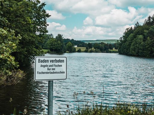 A sign saying 'swimming prohibited' and 'fishing only with appropriate approval' by the lake