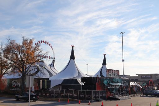 Augusta, Ga USA - 12 04 21: Circus tents in a parking lot at Augusta Mall