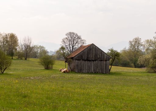 A rural cottage in the middle of green grass and green trees on a sunny day against the clear sky