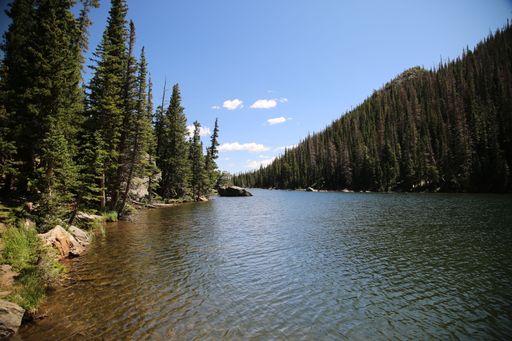 A scenic view of a lake against green pine forest on slope of Rocky Mountains in Colorado, USA
