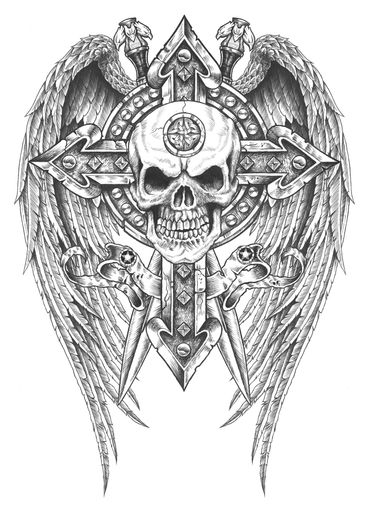 A digital black white tattoo illustration of a skull with swords and wings