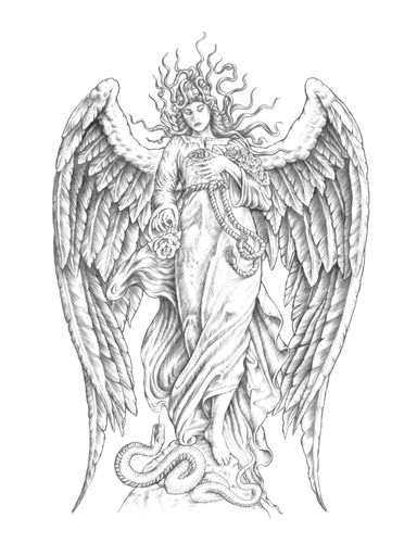 A digital black white tattoo illustration of an angel with snakes and roses