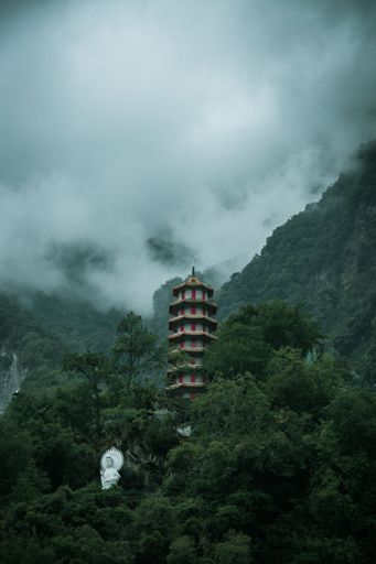 A vertical shot of the secluded Xiangde Temple in Taroko National Park, Hualien, Taiwan