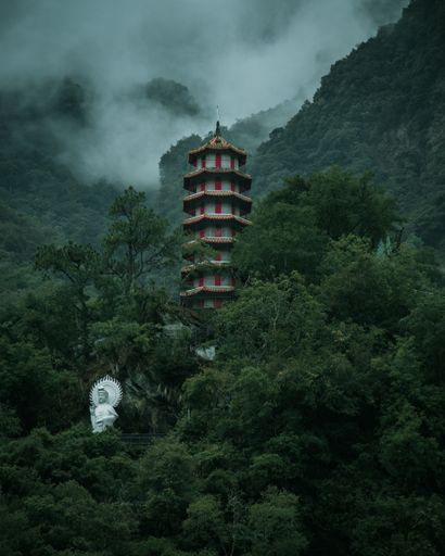 A vertical shot of Xiangde Temple in Taroko National Park, Hualien, Taiwan
