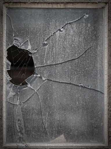 A vertical closeup of a broken glass window in an abandoned factory
