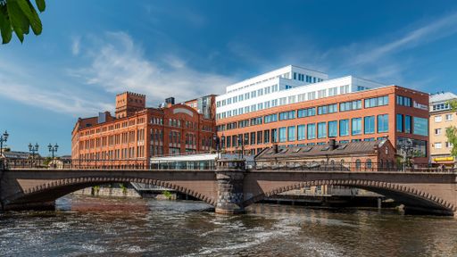 The Linkoping university building behind the bridge, Norrkoping, Sweden.