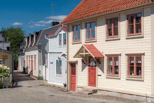 A beautiful shot of a street with colourful buildings in Ronneby, Sweden