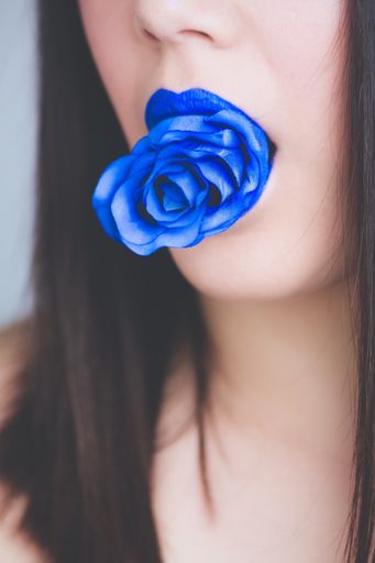 A closeup shot of a dark-haired female with a blue lipstick biting a blue rose - great for a fashion blog article