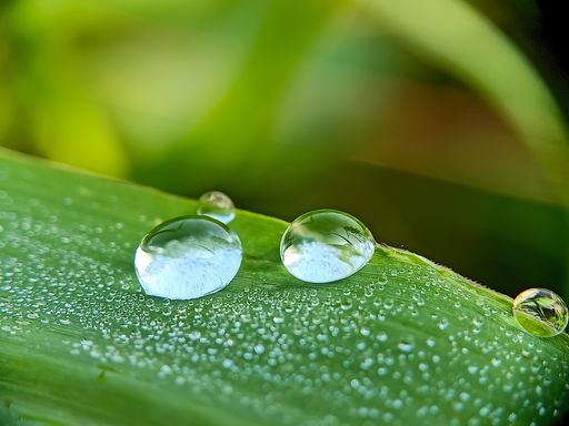 A closeup shot of dew droplets on a green leaf surface