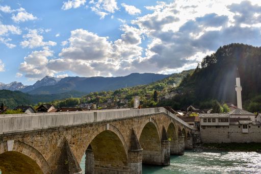 A historic bridge over a river in the beautiful town of Visegrad, Bosnia and Herzegovina