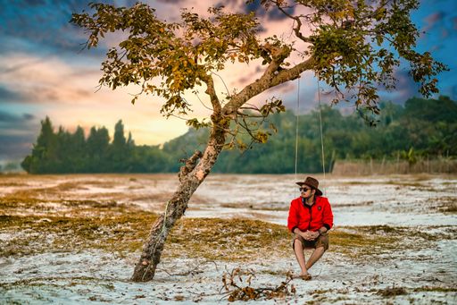 A man enjoying his evening on a swing at a beach