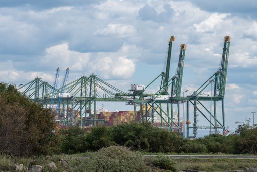 The view of the Sines Container Terminal XXI against the cloudy sky