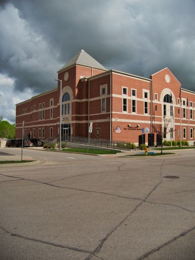 A view of the facade of Miami County Sheriff's Department and Detention Center (Jail) n Paola, Kansas on cloudy day