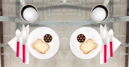 A high angle shot of two round plates with sliced bread and two cups of coffee on a glass table