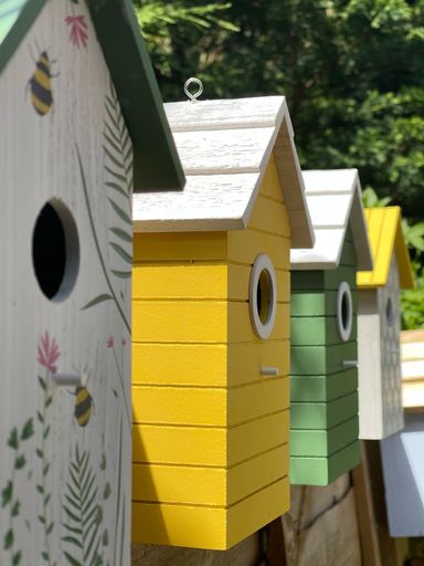 A vertical shot of colorful wooden birdhouses with trees in the background