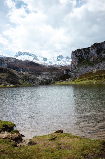 The Lakes of Covadonga under the cloudy sky in the region of Asturias, Spain
