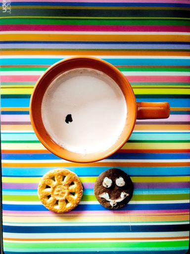 A high angle shot of a warm cup of coffee with milk and cookies on a striped surface