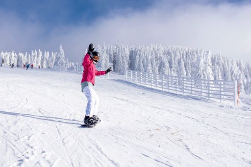 A snowboarder riding down the hill in the mountain resort with snowy trees in the background