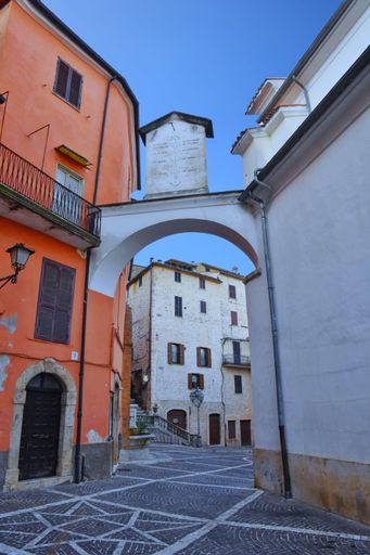 A narrow street with old houses in Guarcino, a village near Rome, Italy