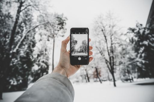 A beautiful shot of a person with a smartphone taking a picture of the breathtaking view of trees covered in snow